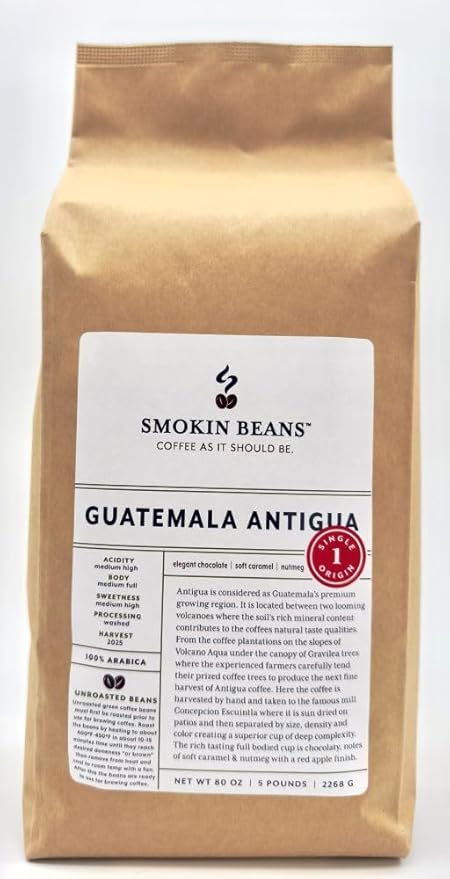5-Pound Guatemala Antigua, Unroasted Green Arabica Coffee Beans, Fresh Current Crop Specialty Grade, Roast the Beans Yourself at Home on Your Roasting Equipment Prior to Using for Brewing Coffee
