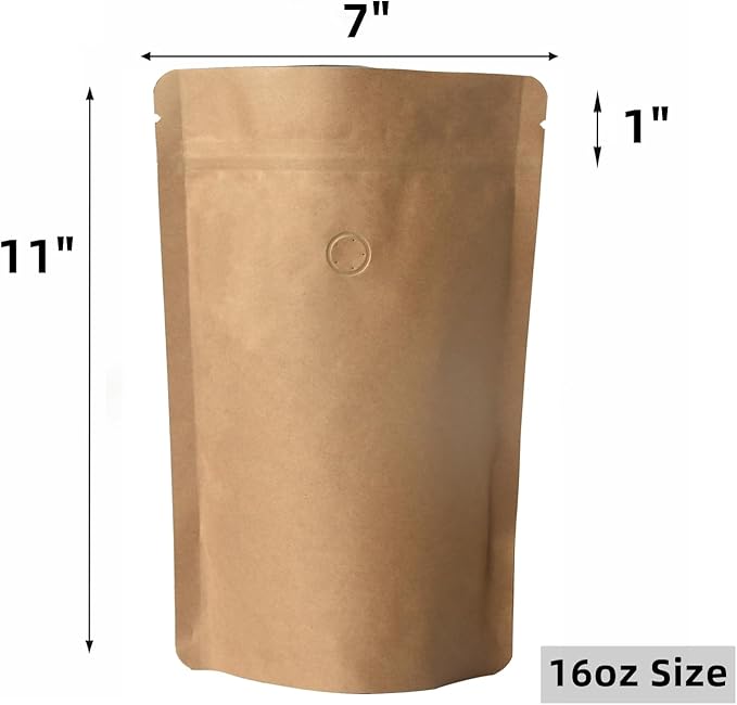 100 Pack Kraft Coffee Bags with Zipper Lock, High Barrier Resealable Stand Up Coffee Pouches, Degassing Valve for Coffee, Size for 16oz/500 Grams Beans or Grounded