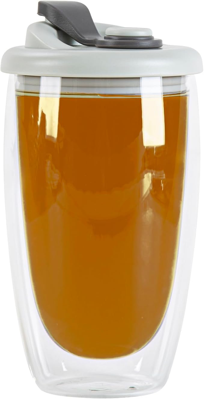 Restaurantware Glass Travel Mug 1 Count 15 Ounce Double Wall Borosilicate Reusable Coffee Cup, Spill-Resistant Gray Silicone Lid, Clear Drinkware Mug for Hot and Cold Beverages