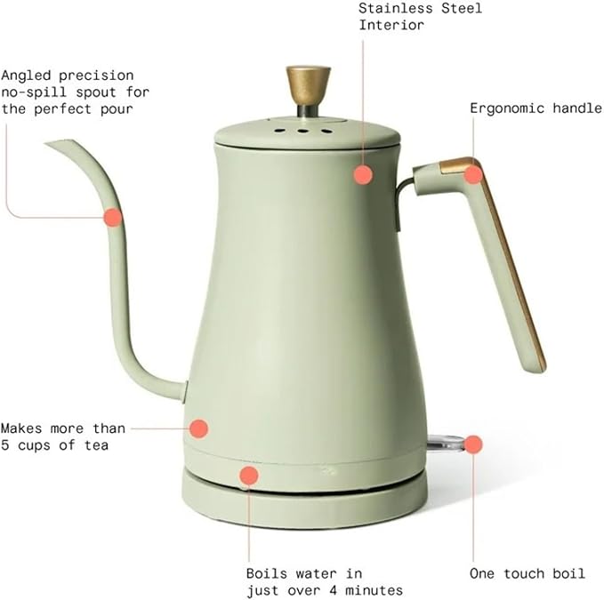 Electric Gooseneck Kettle 1 Liter 1200W, Stainless Steel, Pour Over Coffee Tea, Auto Shut-Off, 360° Cordless Power Base (Sage Green)