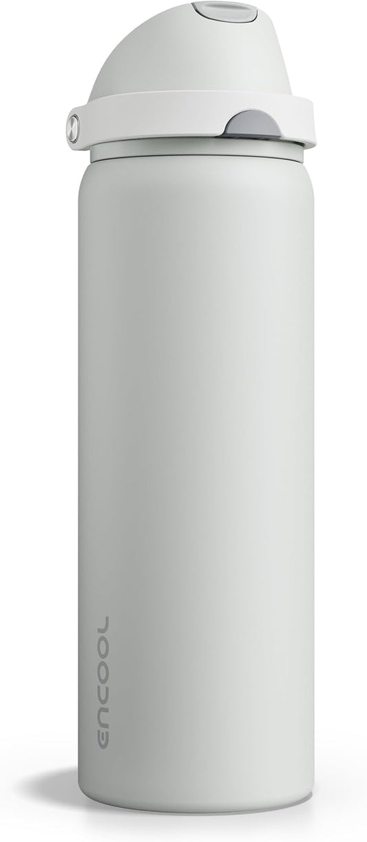 Insulated Water Bottle with Straw - Encool Stainless Steel Water Bottle with Push Button Lid, Leak-Proof & BPA-Free, Keeps Cold for 24 Hours for Sports, Travel, Gym (32 oz, Silver Grey)