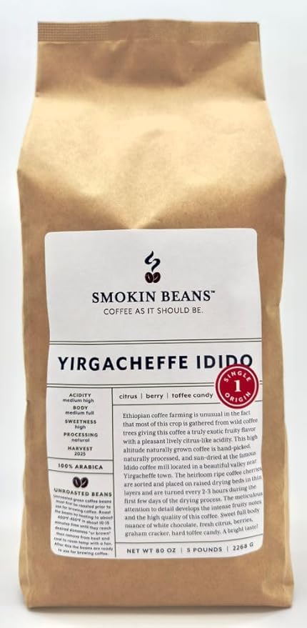 5-Pound Ethiopia Yirgacheffe Natural, Unroasted Green Coffee Beans, Fresh Current Crop Specialty Grade, Roast the Beans Yourself at Home on Your Roasting Equipment Prior to Using for Brewing Coffee