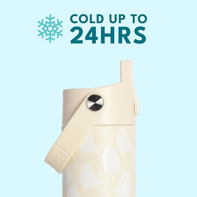Elemental 24oz Insulated Water Bottle with Straw - 100% Leak-Proof Stainless Steel Core Water Bottles for Travel, Sports and Gym - Double Wall Insulation & BPA Free - Little Ghostie