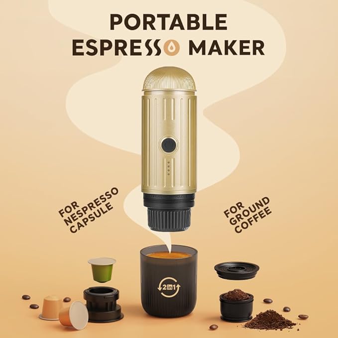 BENFUCHEN Portable Espresso Machine For Travel, USB-C Charging, Self-Heating Electric Espresso Maker, 19 Bar Mini Coffee Maker On the Go For Camping/Hiking, Ground Coffee & NESPRESSOpods (Light Gold)