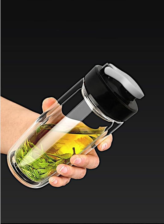Sun's Tea Arco 16oz Vacuum Insulated Double Wall Glass Tumbler with Drink Hole Lid, Iced Tea or Hot Coffee, Water Bottle Travel Mug - Car Cupholder Friendly (Real Glass, Not Plastic)
