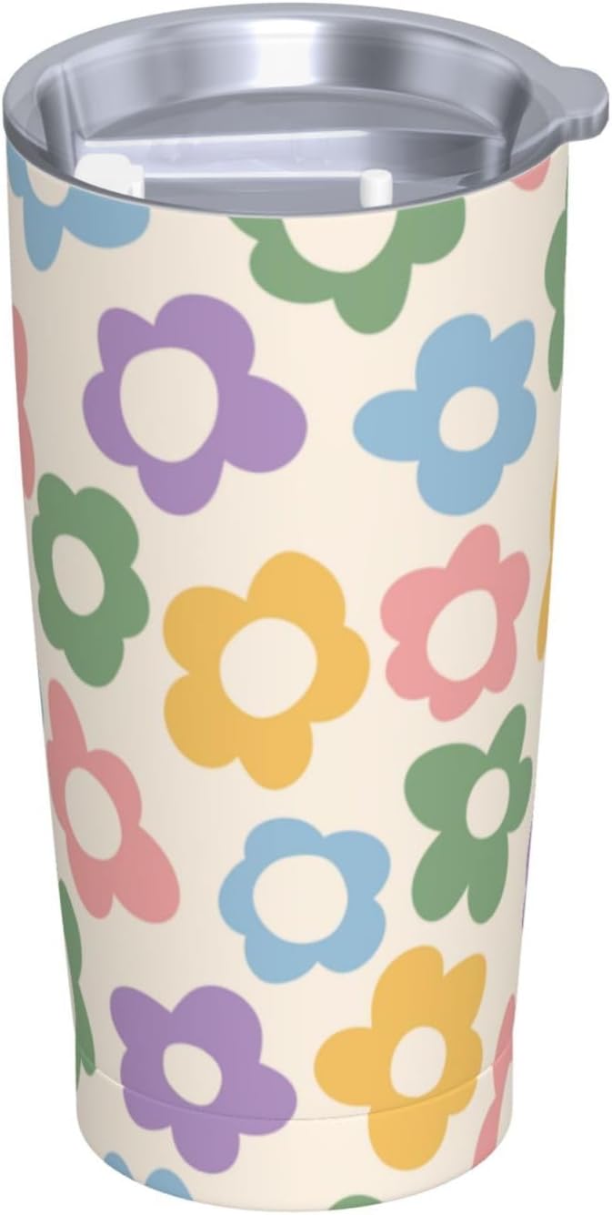 Vintage Groovy Flowers 20oz Stainless Steel Insulated Tumblers Travel Mug Cup Leakproof Gift For Men Women Hot & Cold Drinks Splash-Proof Lid Metal Straw and Brush