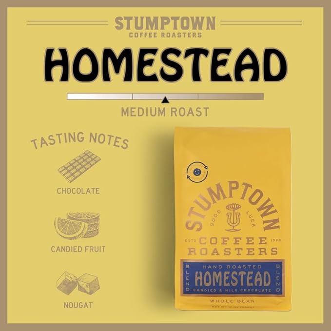 Stumptown Coffee Roasters, Medium Roast Whole Bean Coffee, 100% Arabica Coffee - Homestead Blend 12 Ounce Bag with Flavor Notes of Milk Chocolate, Cherry and Orange