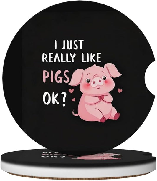 Car Cup Holder Coasters, 2 Pcs Ceramic Coasters with Finger Slot and Cork Back, Anti-Slip Shock Absorbing Women and Men Universal Car Accessories - Pigs