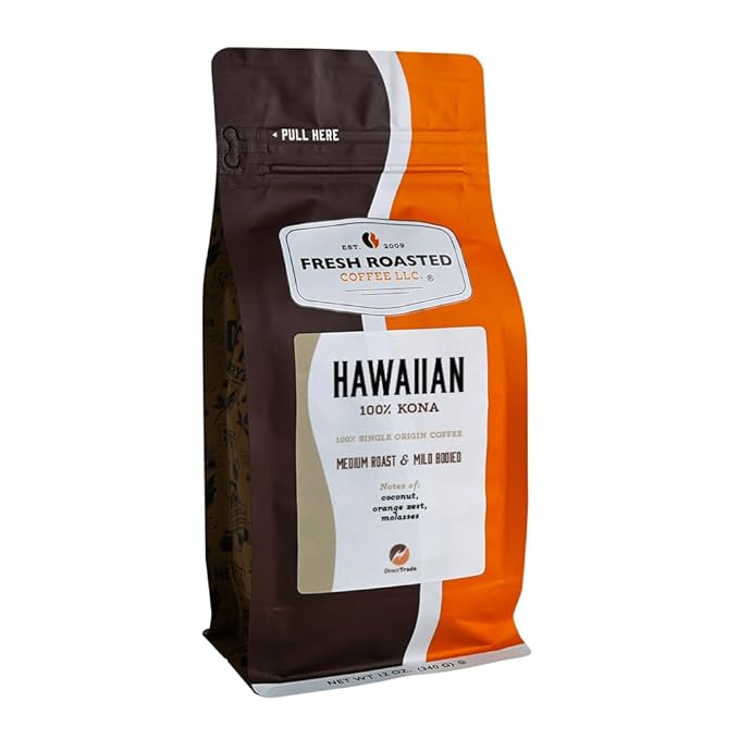 Fresh Roasted Coffee, 100% Hawaiian Kona, 12 oz, Medium Roast, Kosher, Whole Bean
