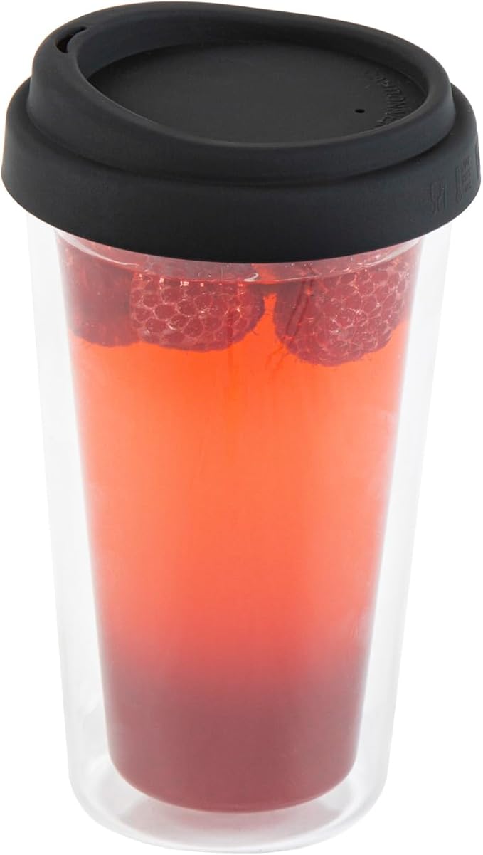 Restaurantware Glass Travel Mug 1 Count 14 Ounce Double Wall Borosilicate Reusable Coffee Cup, Spill-Resistant Black Silicone Lid, Clear Drinkware Mug for Hot and Cold Beverages