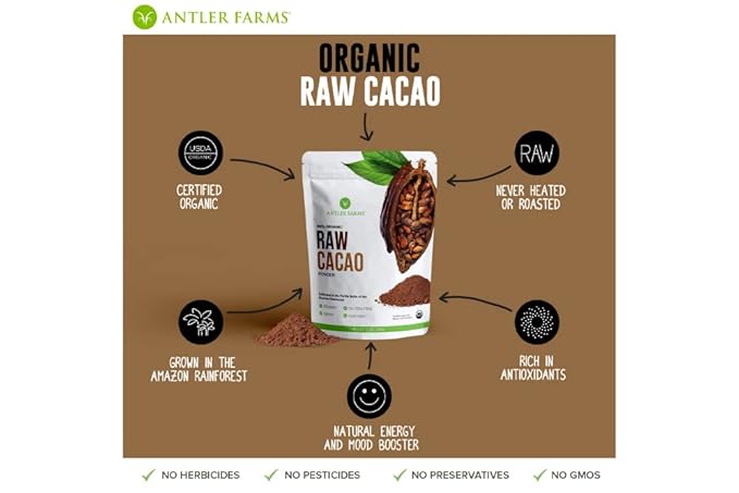 Antler Farms - 100% Pure Organic Raw Cacao Powder, 40 servings, 200g - Vegan, Gluten Free, Cultivated Naturally in Amazon Rainforest, Certified USDA Organic