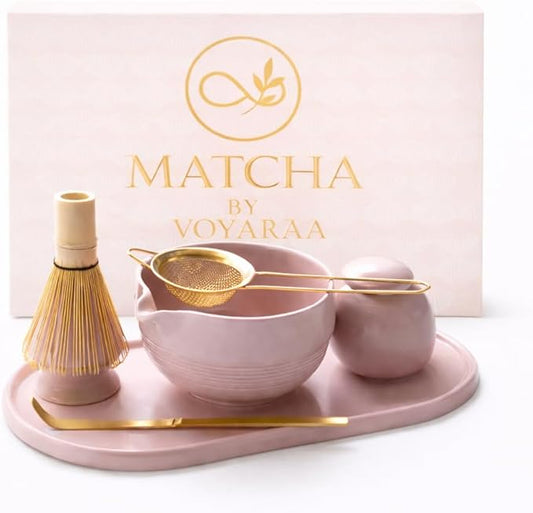 Matcha Whisk Set, 7-Piece Ceramic Matcha Tea Set with Bowl, Whisk & Holder, Bamboo Scoop, Canister, Sifter and Tray