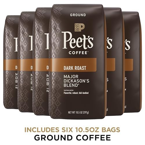 Peet's Coffee, Dark Roast Ground Coffee - Major Dickason's Blend 63 Ounces (6 Bags of 10.5 Ounces)