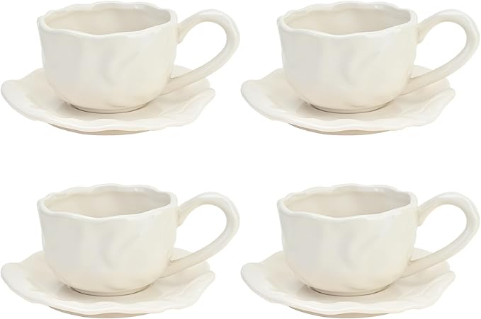 MyBudsBuzz Ceramic Espresso Cups with Saucers 6 oz,Coffe Cups for Cappuccino,Latte,Tea with Saucers Set of 4 - Folds - White