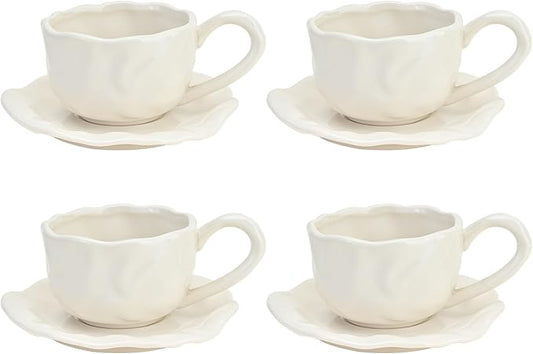 MyBudsBuzz Ceramic Espresso Cups with Saucers 6 oz,Coffe Cups for Cappuccino,Latte,Tea with Saucers Set of 4 - Folds - White