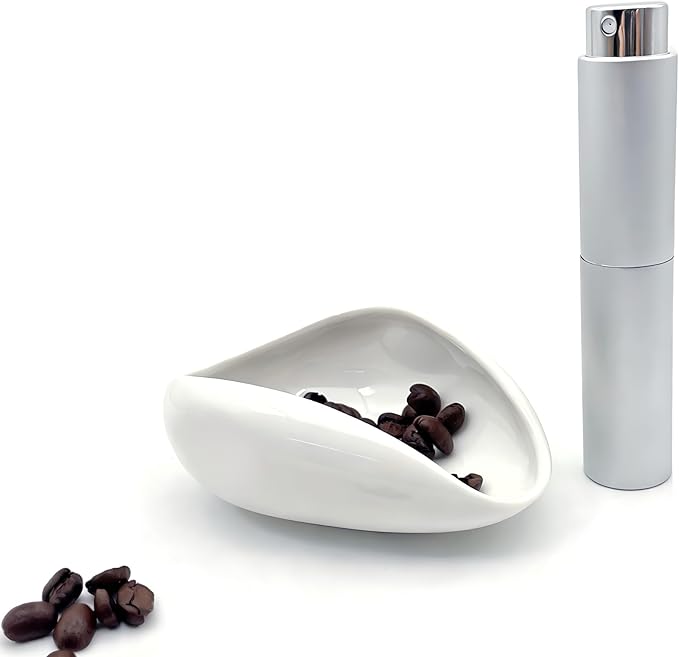 Coffee Bean Dosing Cup with RDT Spray Bottle Set, Ceramic Dosing Dish for Coffee Beans, Ceramic Single Dose Measuring Tray, Coffee Bar Accessories (White)