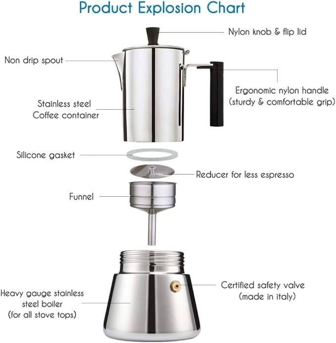 Easyworkz Pedro Stovetop Espresso Maker 4Cup 200ml Stainless Steel Italian Coffee Machine Maker Moka Pot Induction Espresso Pot