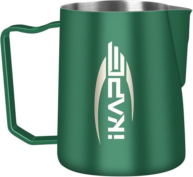 IKAPE Espresso Milk Pitcher, Espresso Steaming Pitcher with Sharp Spout for Espresso Barista Tool, 20.3 oz / 600ml Milk Frothing Jug (Green)