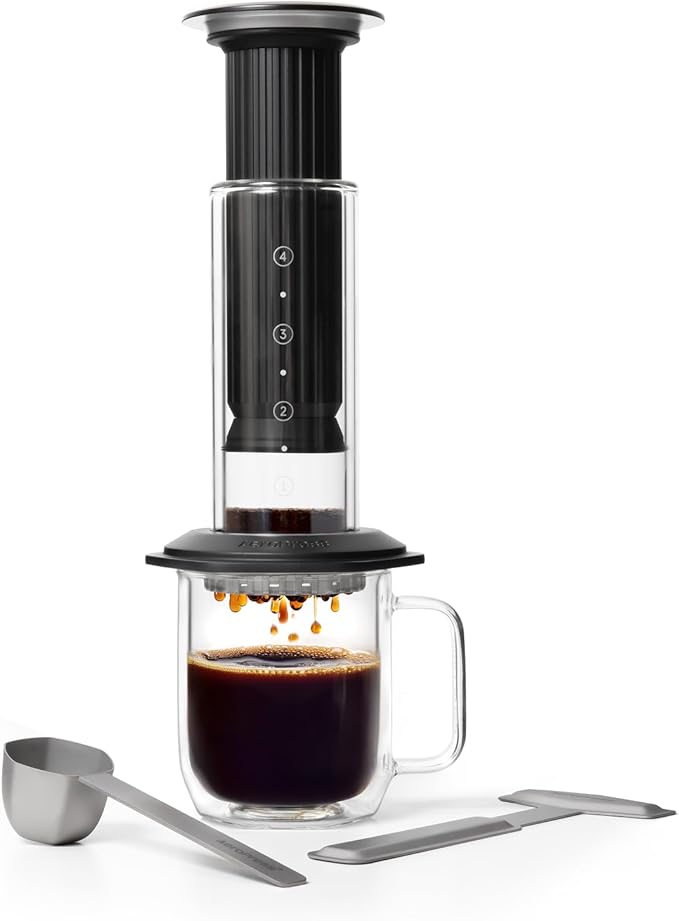 AeroPress Premium Coffee Press, Glass, Stainless Steel & Aluminum Coffee Maker, all-in-One French Press, Pour-Over & Espresso-Style manual brewer, 2 min brew for less bitterness, more flavor (Black)