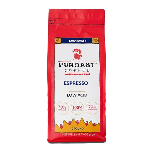 Puroast Low Acid Ground Coffee, Bold Espresso Roast, High Antioxidant, 2.2 lb