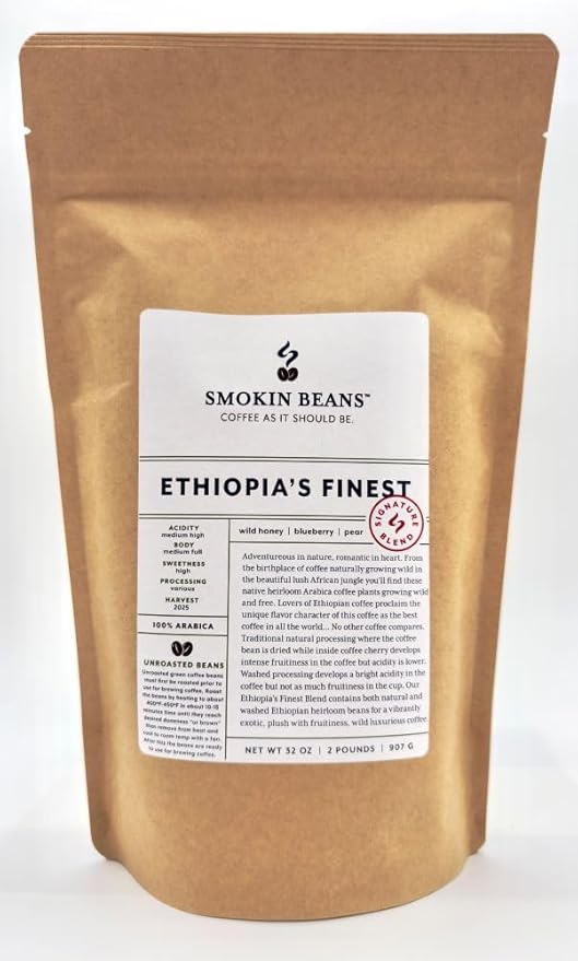 2-Pound Ethiopia's Finest Blend, Unroasted Green Coffee Beans, Fresh Current Crop Specialty Grade, Roast the Beans Yourself at Home on Your Roasting Equipment Prior to Using for Brewing Coffee