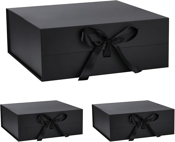 OEMVALATY Black Gift Box,16x16x6 Inches Gift Boxes with Lids for Presents with Magnetic Closure and Ribbon for Wedding,Storage,Birthday(3-Pack)