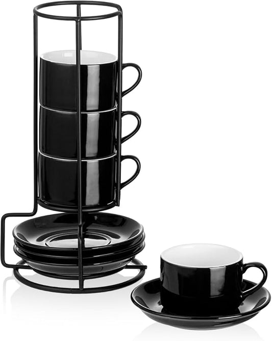 Meichu 2.5oz Porcelain Stackable Espresso Cups with Saucers and Metal Stand Set of 4, Stackable Espresso Cups Set of 4, Black Expresso Shots Cup Set for Cappuccino, Coffee Drinks, Latte, Tea