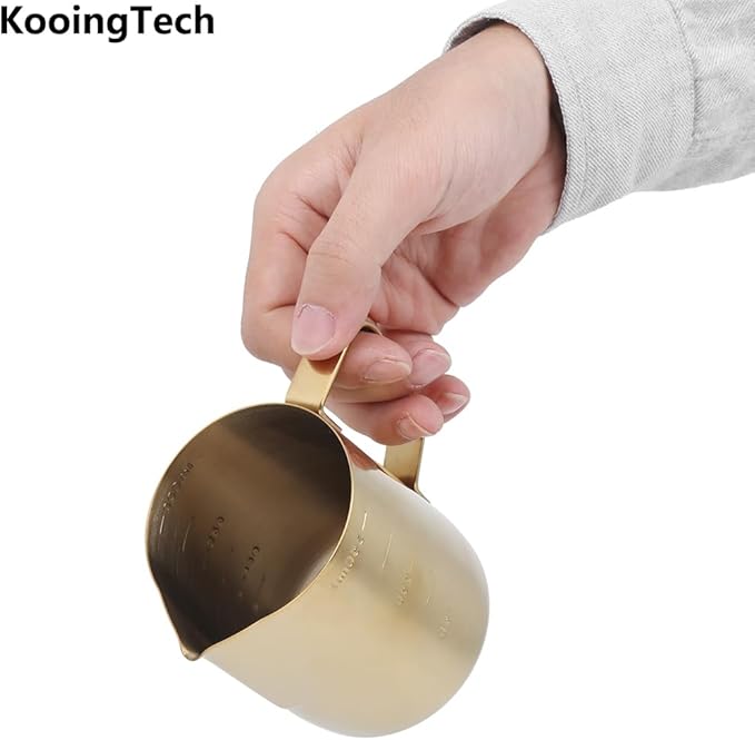 Milk Frothing Cup Stainless Steel, 350ML Milk Frothing Cup Small, Milk Frothing Pitcher Gold with Scale, Home Office Coffee Frother Cups for Gold Coffee Bar Accessories (350ML (with scale))