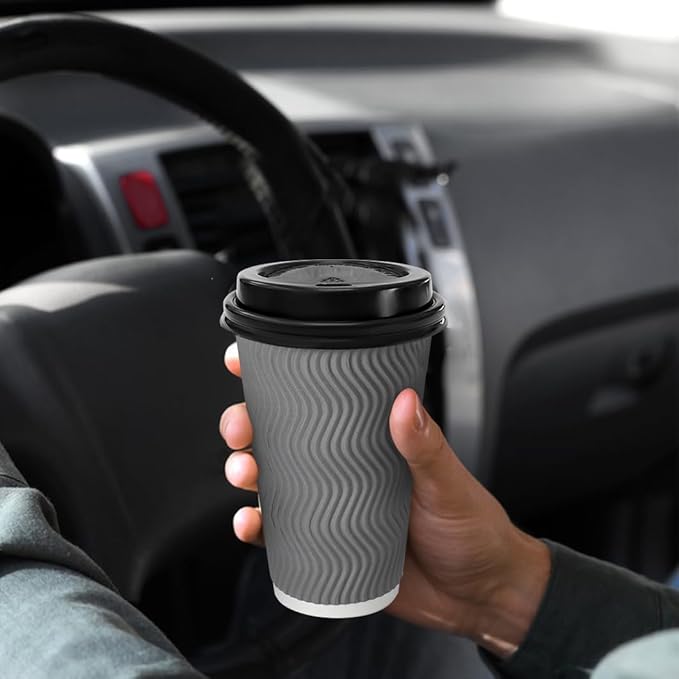 BYSNOW 16 oz Coffee Cups with Lid, 500 Pack Disposable Coffee Cups Insulated Ripple Paper Cups for Water, Juice, Coffee (Gray 16 oz)