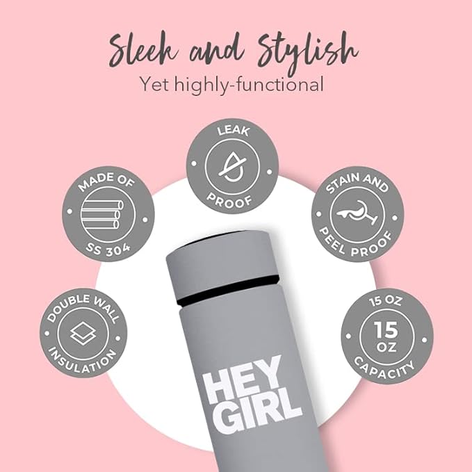 Hey Girl Tea Infuser Bottle 450ml - Insulated Stainless Steel Water Bottle - Tea Tumbler with Tea Diffuser - Portable Travel Mug for Loose Leaf Tea & Infused Water - Tea Lovers Gifts for Women