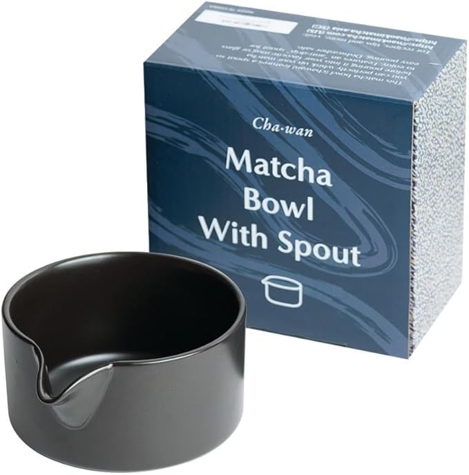 Naoki Matcha Traditional Ceramic Chawan Matcha Tea Bowl with Pour Spout Set - Hand Made Ceramic with Black Matte Glaze - For Perfectly Whisked Matcha Green Tea (18 Ounce)