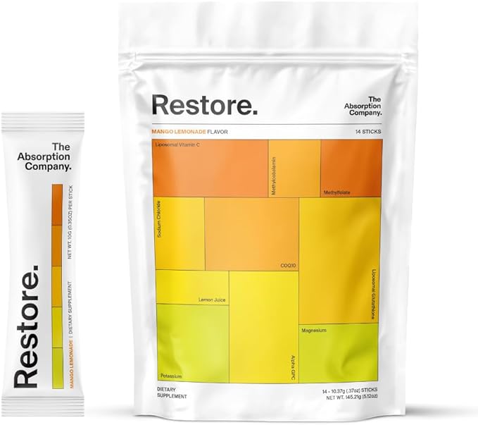 The Absorption Company Electrolyte Powder Packets - Workout Recovery & Hydration Drink Mix with Liposomal Glutathione, Vitamin C & Methylated B Vitamins - Mango Lemonade (14 Sticks)
