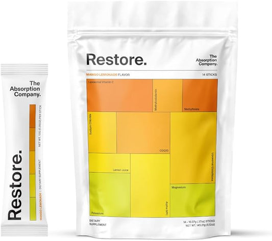 The Absorption Company Electrolyte Powder Packets - Workout Recovery & Hydration Drink Mix with Liposomal Glutathione, Vitamin C & Methylated B Vitamins - Mango Lemonade (14 Sticks)