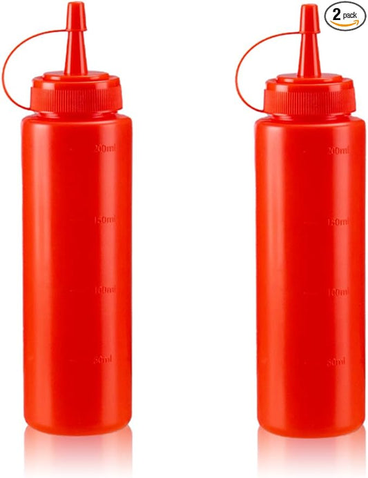 Squeeze Bottles for Sauces,Leak-Proof Condiment Dispenser, BPA-Free Kitchen Restaurant Squeeze Bottle Set with Wide Mouth for Ketchup, Mustard,Syrup,Dressings (Red, 2Pack-8oz(200ml))