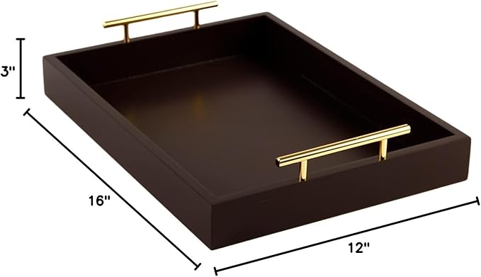 JJSQYLAN Wooden Serving Tray with Handles Rectangle Breakfast Tray for Coffee Table Decorative Ottoman Tray 16”x 12” for All Occasion's (Dark Brown)