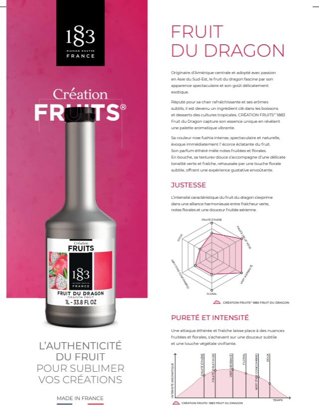 1883 Dragon Fruit Purée – Premium French Fruit Purée for Cocktails, Smoothies, Desserts & More – Vibrant Exotic Flavor – 1 Liter Bottle