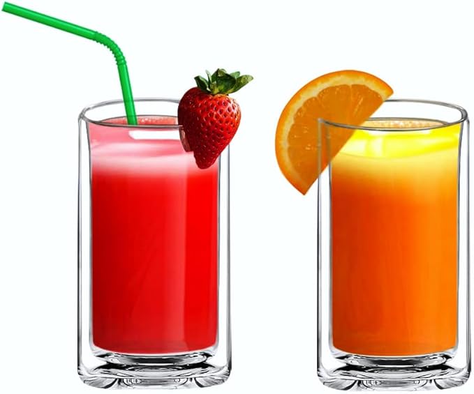 Sun's Tea 13oz Ultra Clear Strong Double Wall Thermal Insulated Highball Drinking Glasses for Beer, Coffee, Juice, Smoothie, Mojito, Soda, Milk and Mixed Beverages, Set of 2 (real glass, not-plastic)