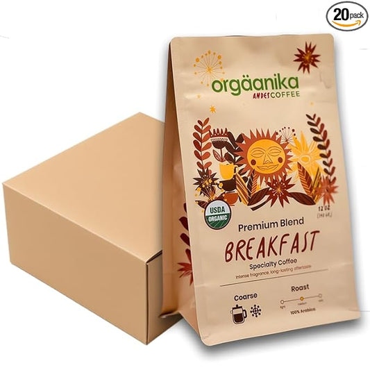 New Orgaanika Andes Breakfast | Gourmet Coffee Blend |Coarse Ground | Medium Roast | Specialty Organic | Best for French Press & Cold Brew Coffee, Pack of 20 (12oz bags, best for restaurants and coffee shops).
