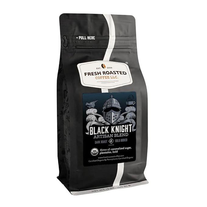 Fresh Roasted Coffee, Organic Black Knight | USDA Organic, Kosher | Dark Roast 12 oz Whole Bean