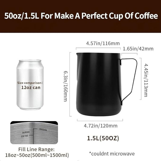 watchget Milk Frothing Pitcher 50oz/1500ml - Stainless Steel Espresso Steaming Pitcher for Cappuccino, Latte Art, Coffee Machine Accessories Milk Jug Frother Cup, Black