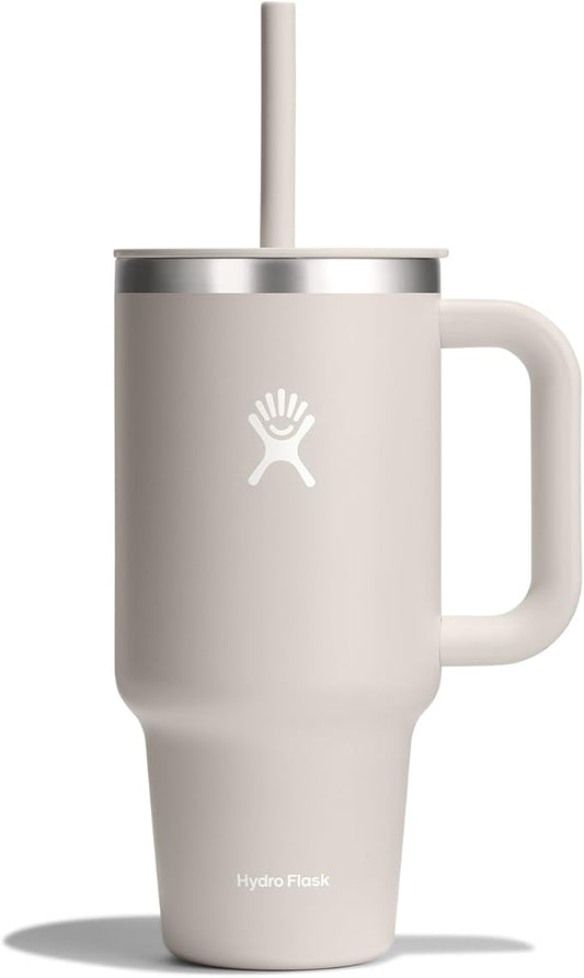 Hydro Flask Travel Tumbler with Handle, Lid and Straw - Insulated Stainless Steel in 32 Oz Oat Tan