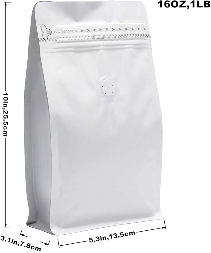 100 Pieces 16 Ounce White Kraft Paper Coffee Bags, Stand Up Coffee Pouches with One Way Degassing Valve and Reusable Side Zipper (Pull Tab to Open) Flat Bottom - Stand Up Well (16oz, 1lb, 454gram)