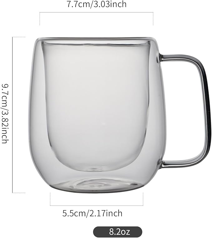 Double Wall Glass Coffee Mugs -8.2Oz Clear Insulated Glass Espresso Cups with Handle Mugs for Hot Beverages,set of 2 Perfect for Cappuccino Latte Americano Tea Bag (Small (2 PACK))