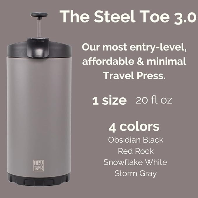 BruTrek Steel Toe 3.0 Travel Coffee Press - Brew 20 fl.oz On The Go - No Spill Lid, Double Wall Vacuum Insulated Stays Hot for Hours, French Press Coffee (Red Rock)