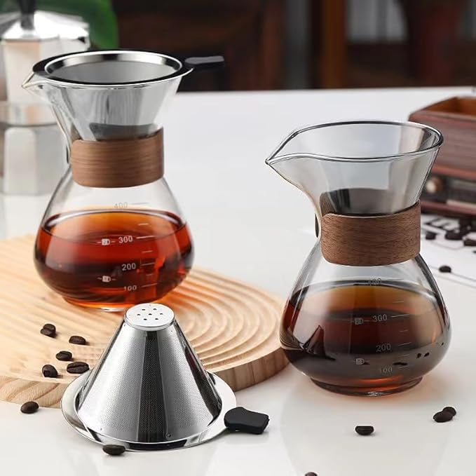 BeeCa Single-Serve Coffee Essential, Pour Over Coffee Maker Set, Reusable Stainless Steel Filter + Heat-Resistant Glass Carafe, Stylish Wood Collar, 1-2 Cup Portable & Easy Clean