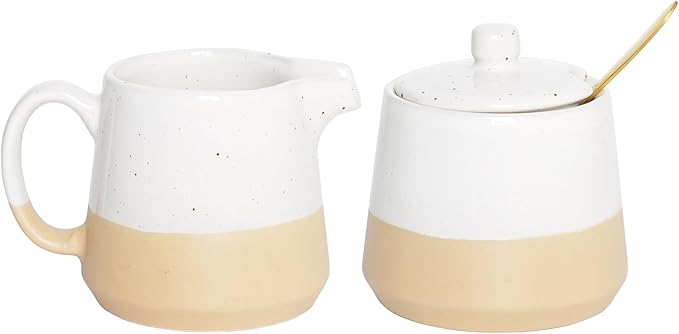 Bosmarlin Ceramic Sugar and Creamer Set, Sugar Bowl with Lid and Spoon, 3 Piece Set with Cream Pitcher, White Coffee Serving Set (White)
