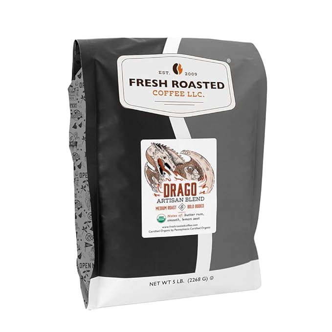 Fresh Roasted Coffee, Organic Drago Café Blend | USDA Organic, Kosher | Medium Roast 5 lb (80 oz) Whole Bean