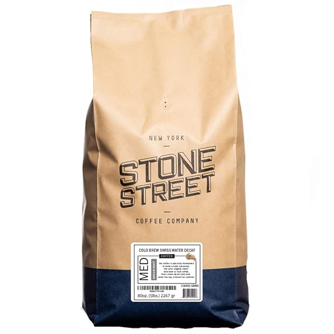 Stone Street Cold Brew Decaf Coffee, Swiss Water Process, Low Acid, 100% Arabica, Gourmet Coffee, Coarse Ground, Medium Roast, 5 LB