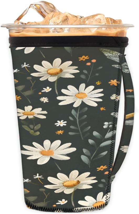 Reusable Iced Coffee Cup Sleeve Butterfly Daisy Neoprene Insulated Sleeves Cup Holder with handle Idea for 16oz - 18oz