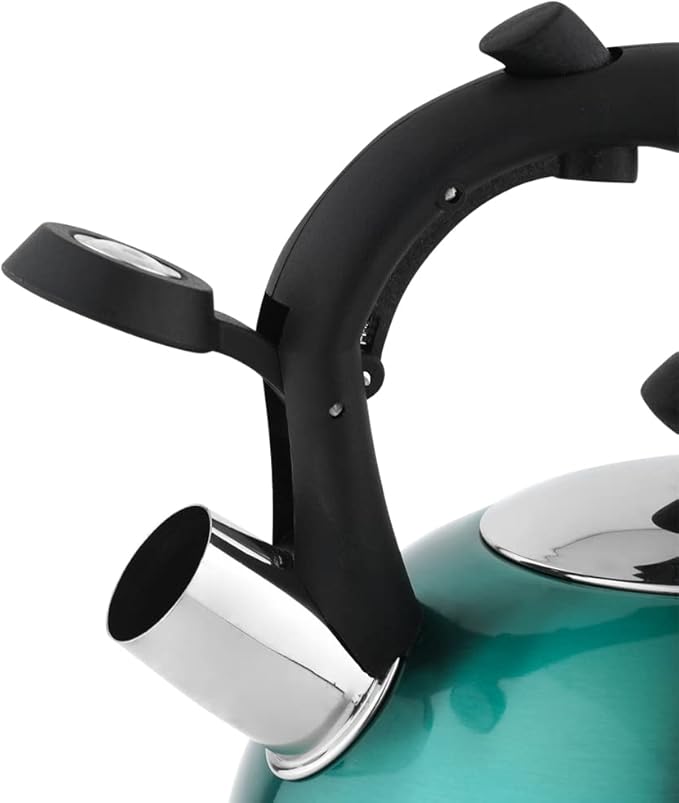 Amazon Basics Stainless Steel Tea Kettle, Hot Water Kettle with Whistle Spout, Fast Boiling, Ergonomic Handle, 2.3 Liter, Teal